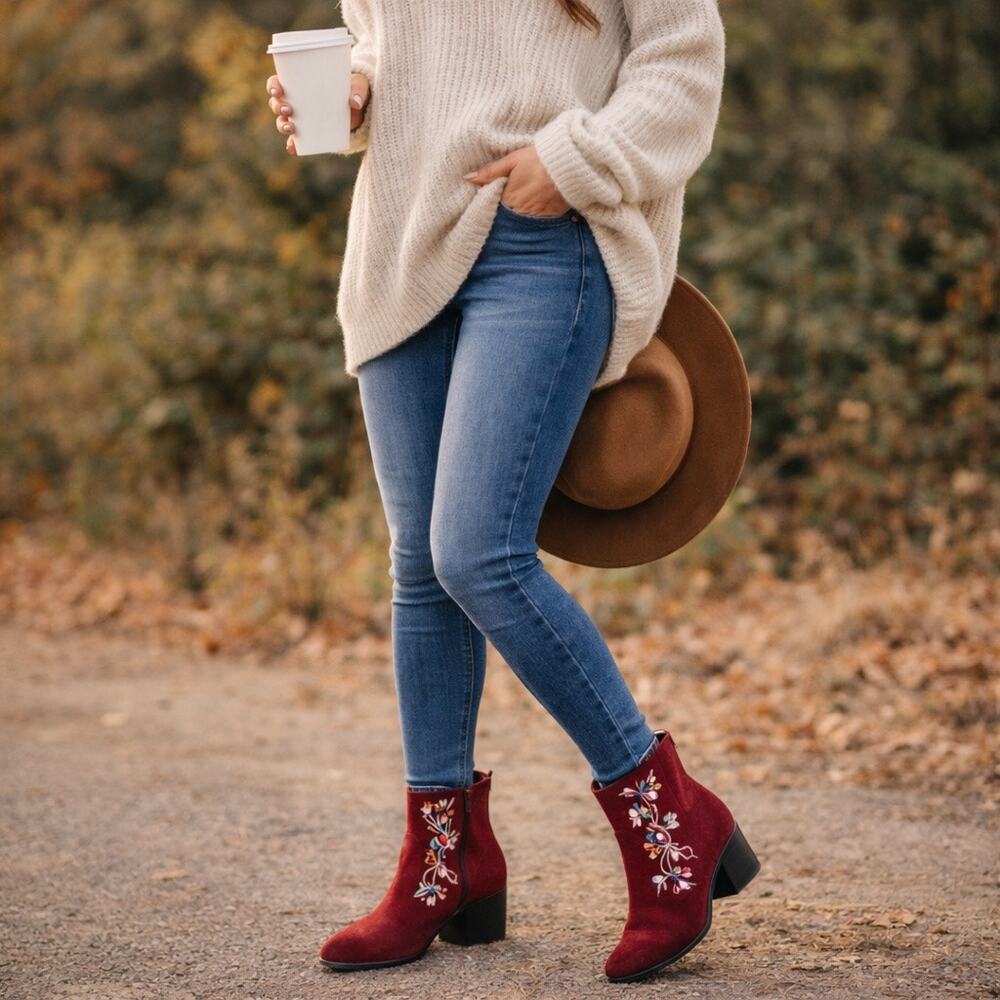 Carlos by Carlos Santana Western Women's 10M Ankle Boots Red Burgundy Floral - Picture 5 of 13